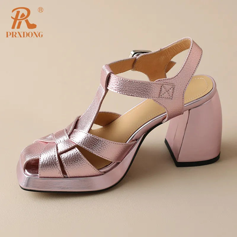 Genuine Leather Chunky T-strap Party Sandals