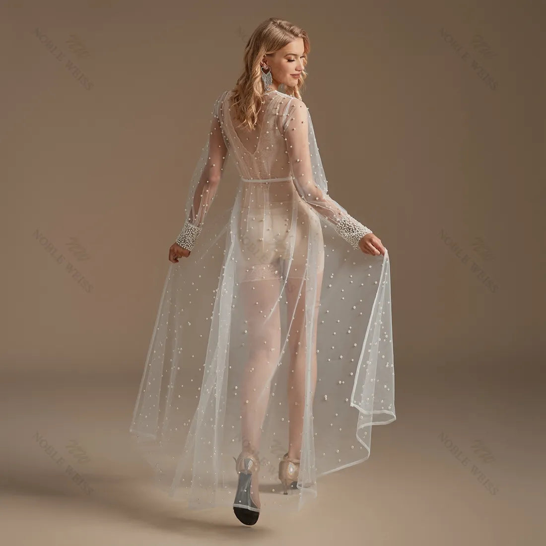 Pearl Long Sleeve Wedding Tulle Robe