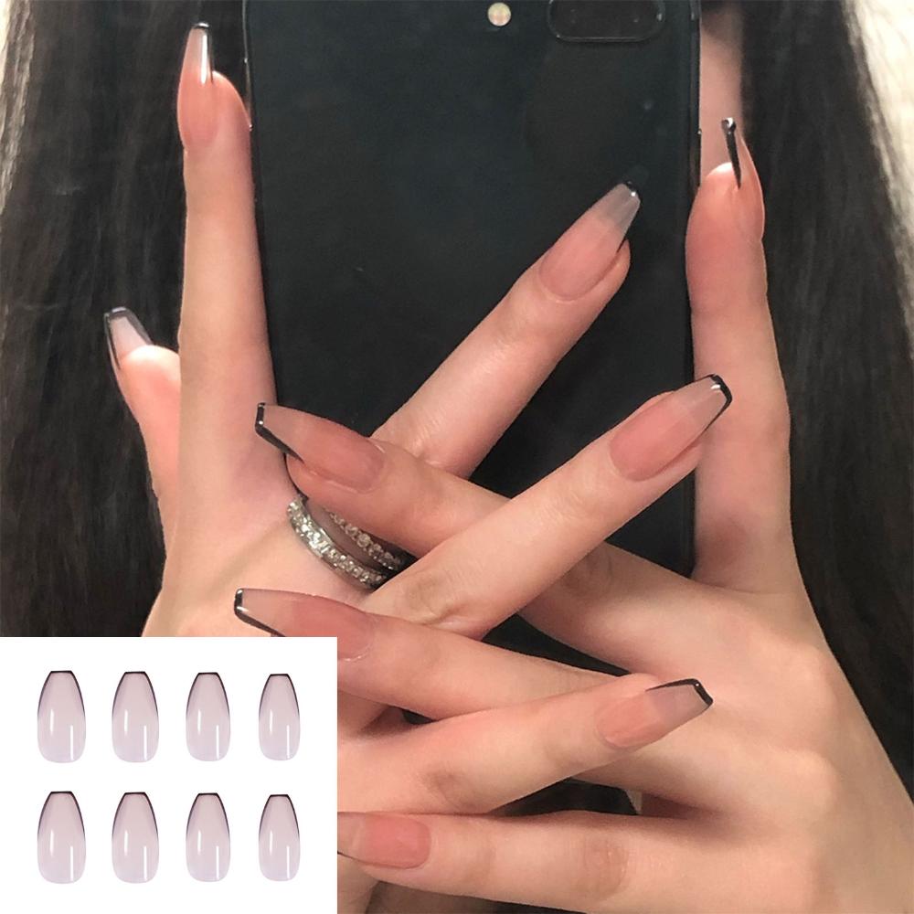 24pcs/Box  Medium coffin nude and black tip french press on nails