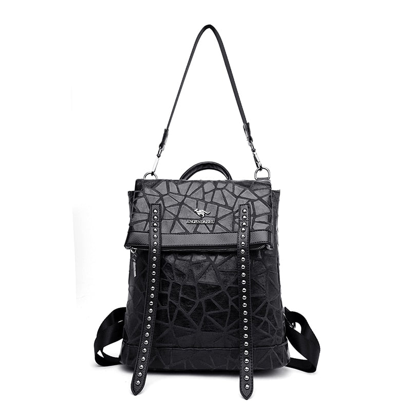 Stone pattern genuine black leather backpack
