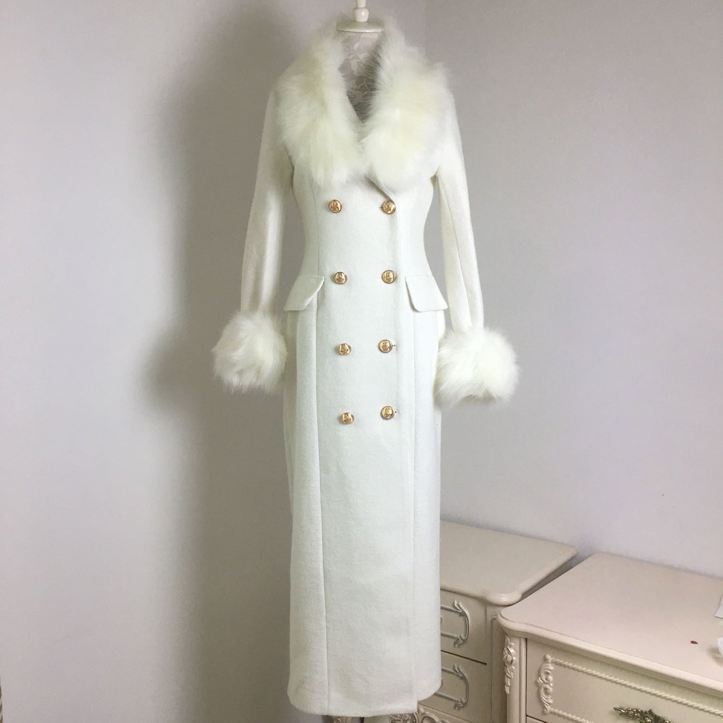 Luxury faux fur slim long wool blend coat