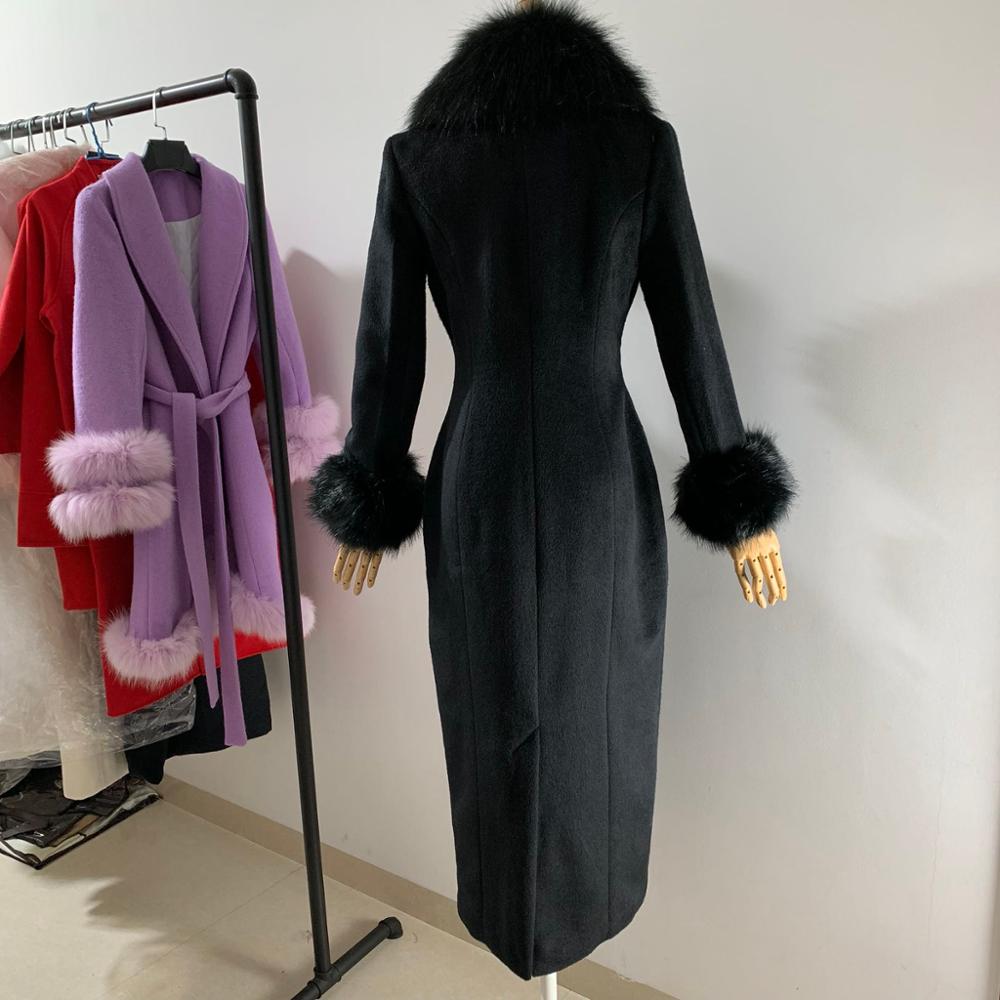 Luxury faux fur slim long wool blend coat