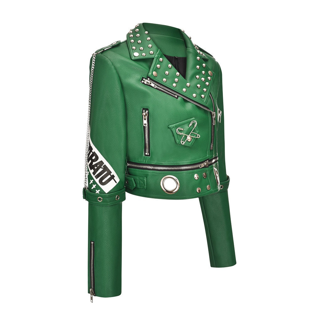 Fashion streetwear patchwork and spikes faux leather jacket