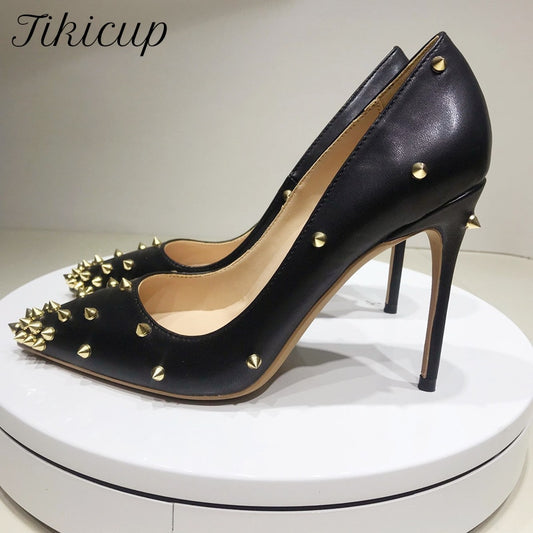Luxury matte black pumps with gold spikes