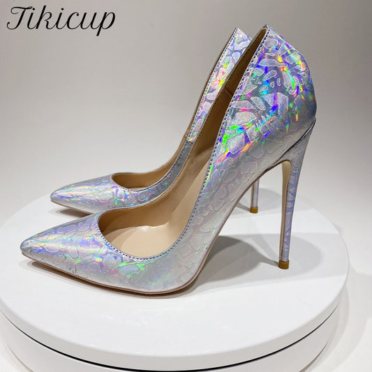 Luxury holographic pattern patent pumps