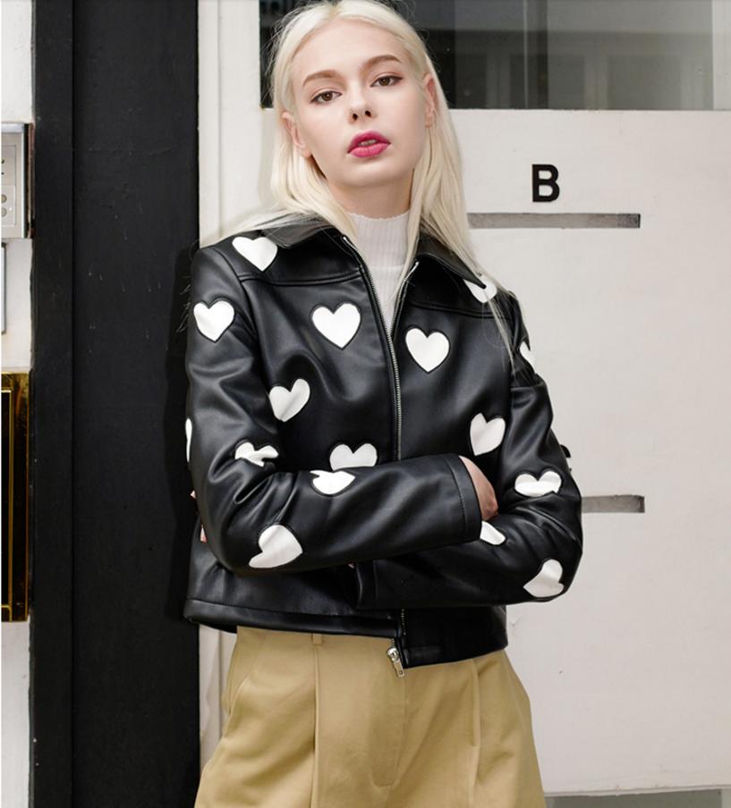 Fashion heart embroidered pattern faux leather jacket