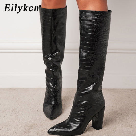 Presley croc PU pointed toe knee high boots