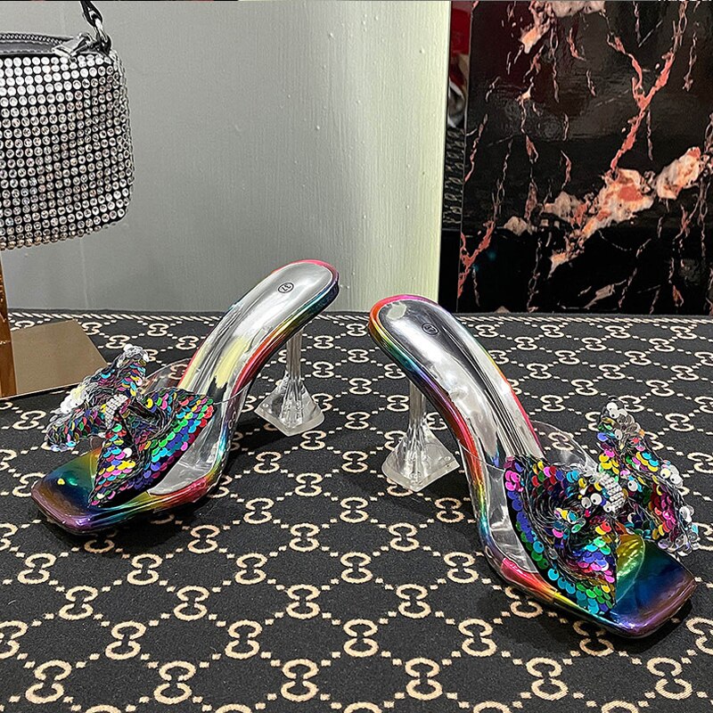 Ray sequin bow pvc slip on mules
