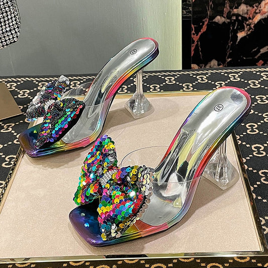 Ray sequin bow pvc slip on mules