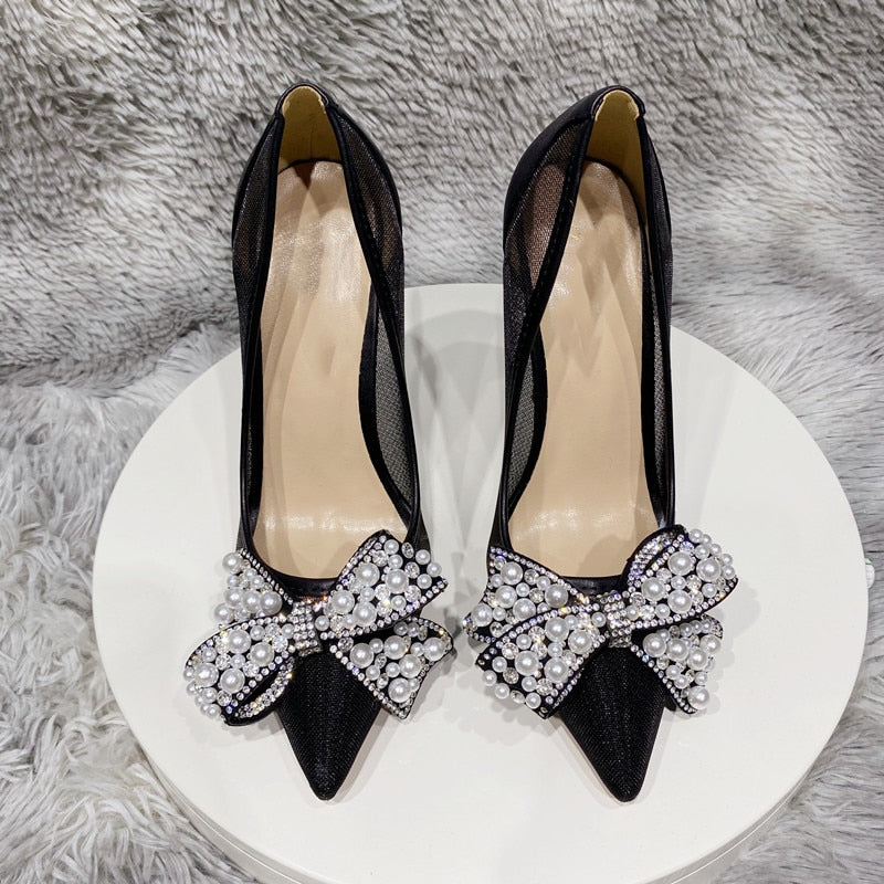 Luxury black mesh pumps with bow detail