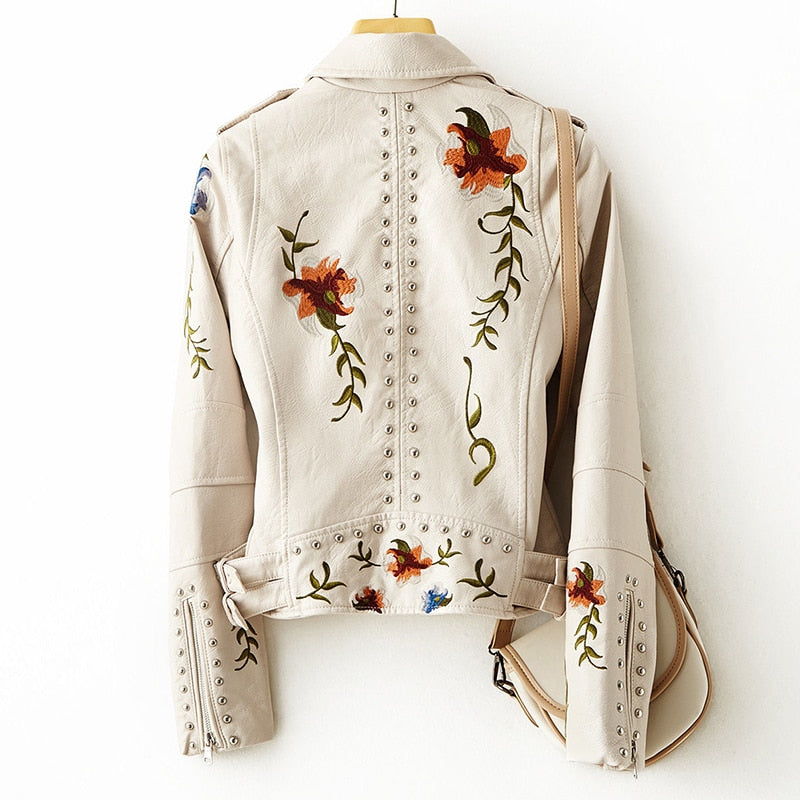Faux soft leather embroidery jacket