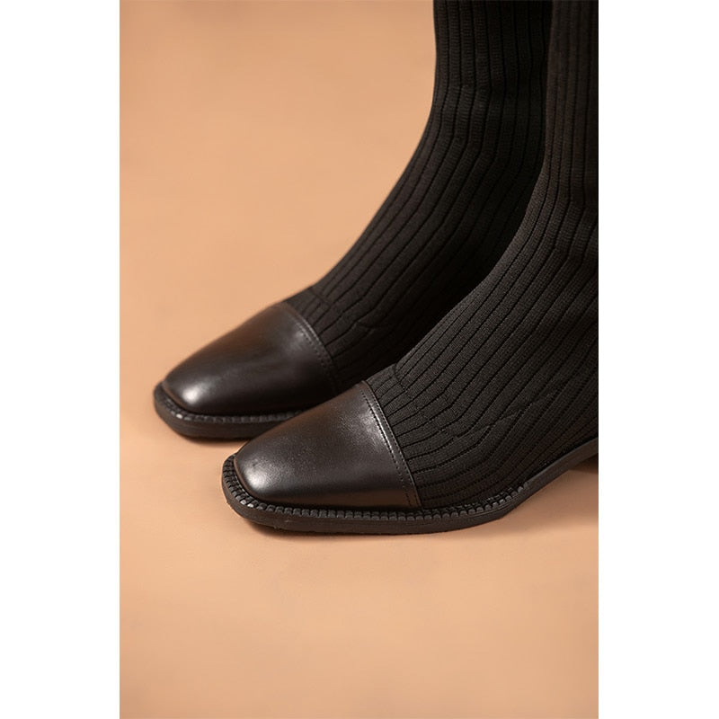 Genuine leather sock slip on knee high boots