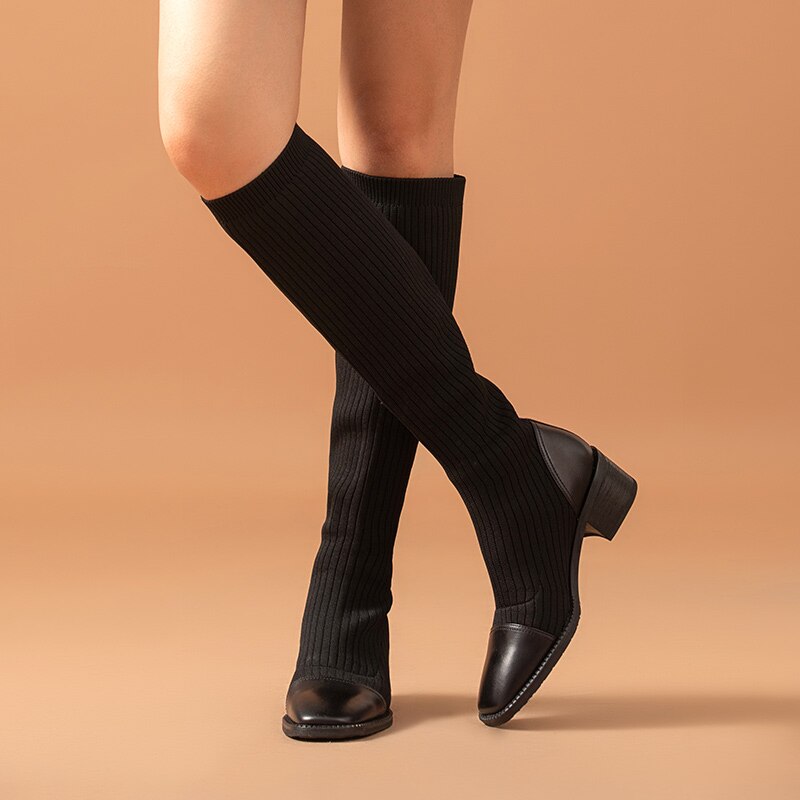 Genuine leather sock slip on knee high boots