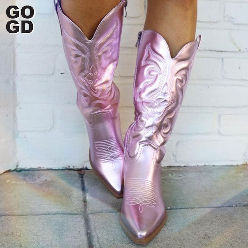Metallic mid calf cowgirl boots