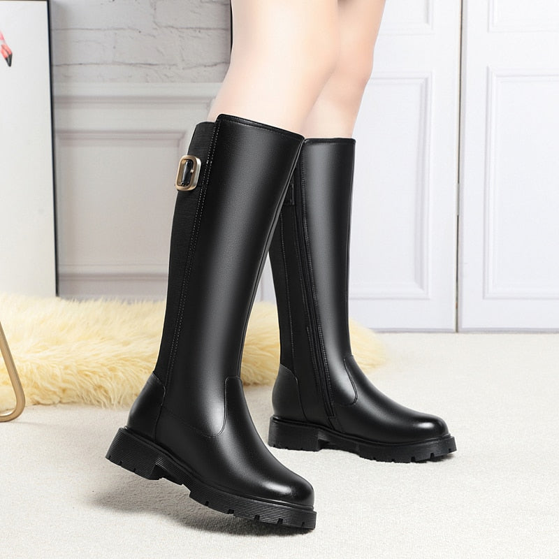 Genuine leather warm knee high boots with stretch