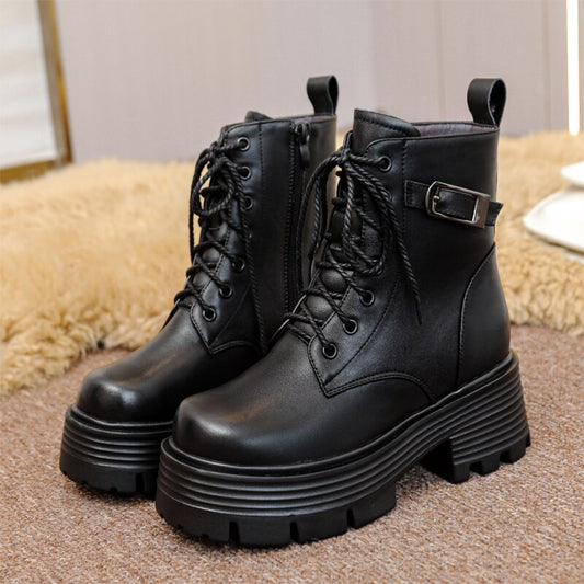 Genuine leather warm chunky boots