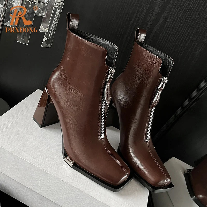 Genuine Leather Square Toe Short Boots