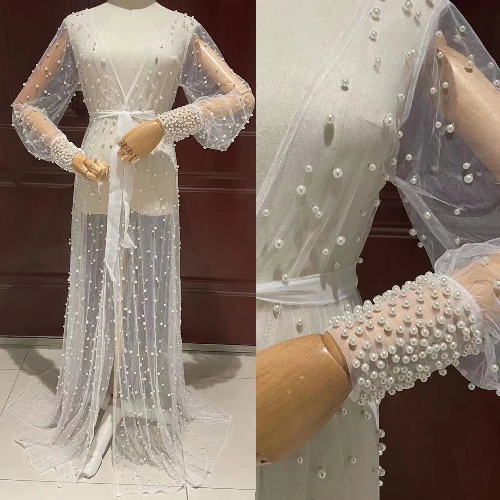Pearl Long Sleeve Wedding Tulle Robe