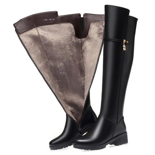 Genuine leather warm over the knee boots
