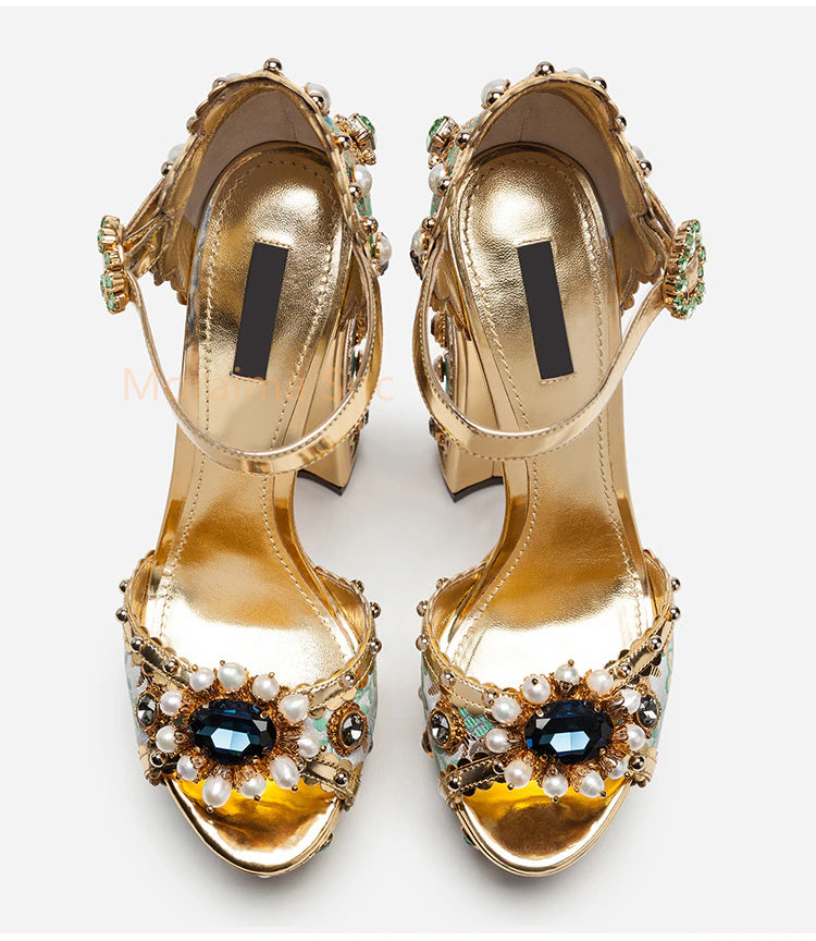 Peep toe chunky couture embroidered sandals