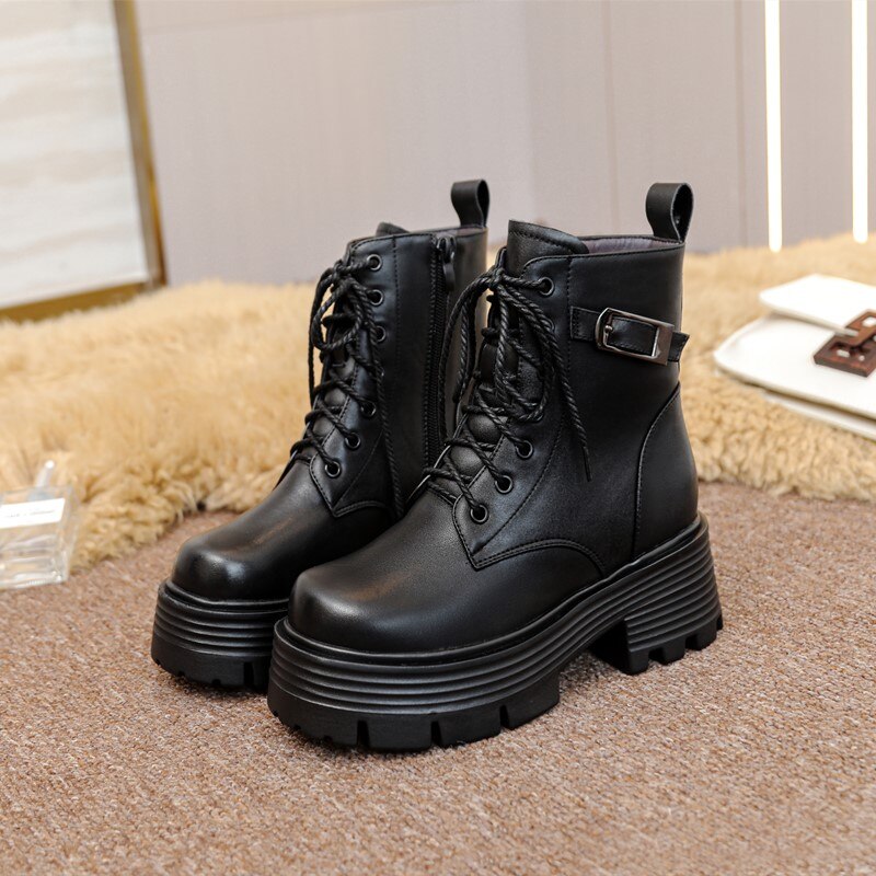 Genuine leather warm chunky boots