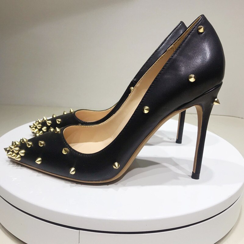 Luxury matte black pumps with gold spikes