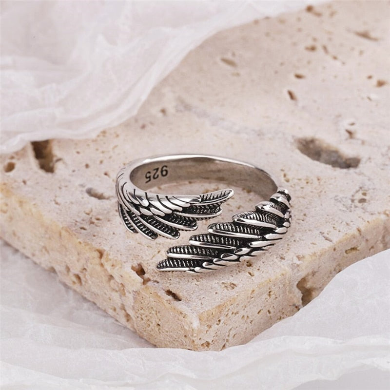 925 Sterling silver antique look feather ring