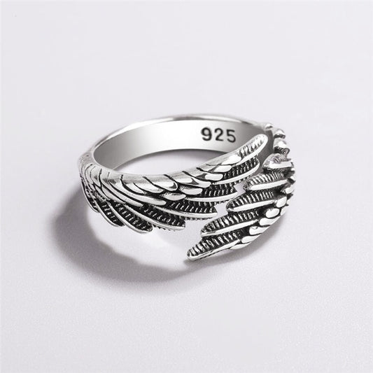 925 Sterling silver antique look feather ring