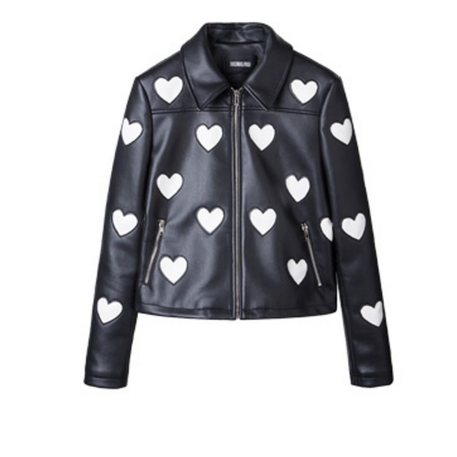 Fashion heart embroidered pattern faux leather jacket