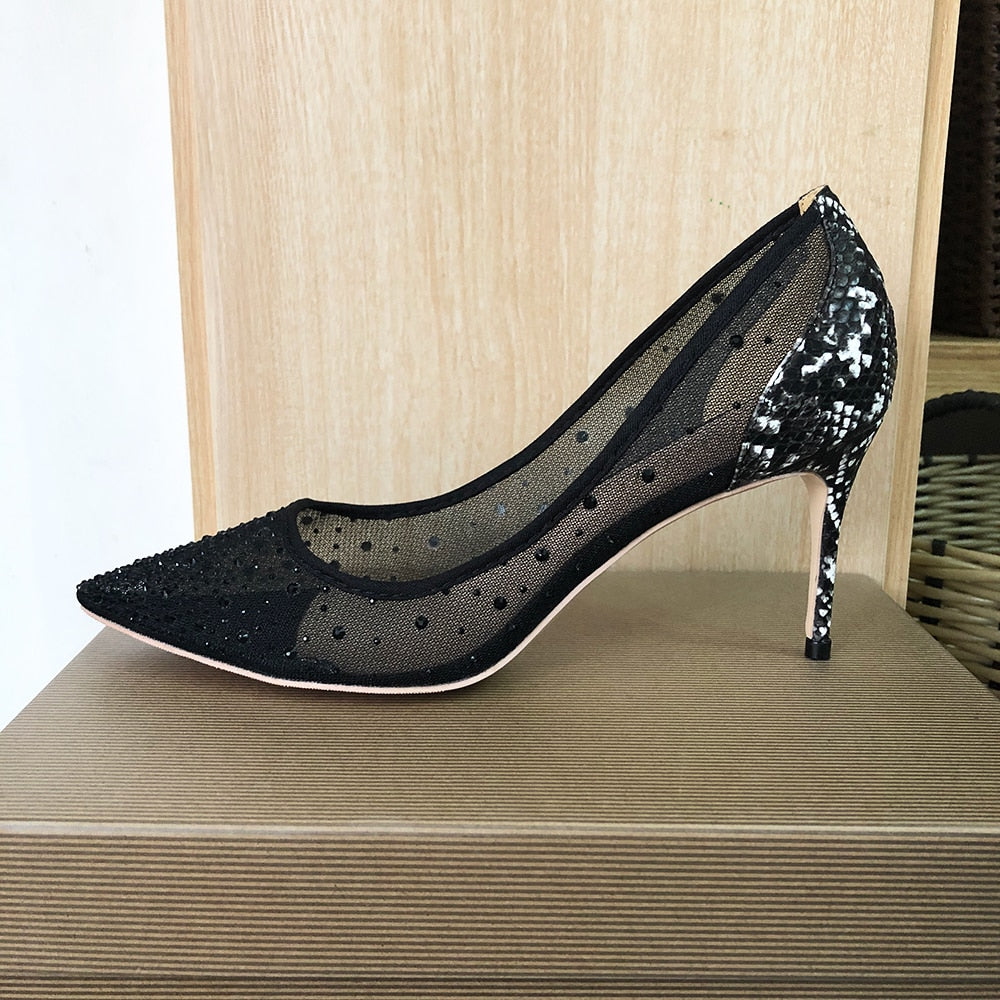 Luxury mesh pumps with snake skin and rhinestone detail