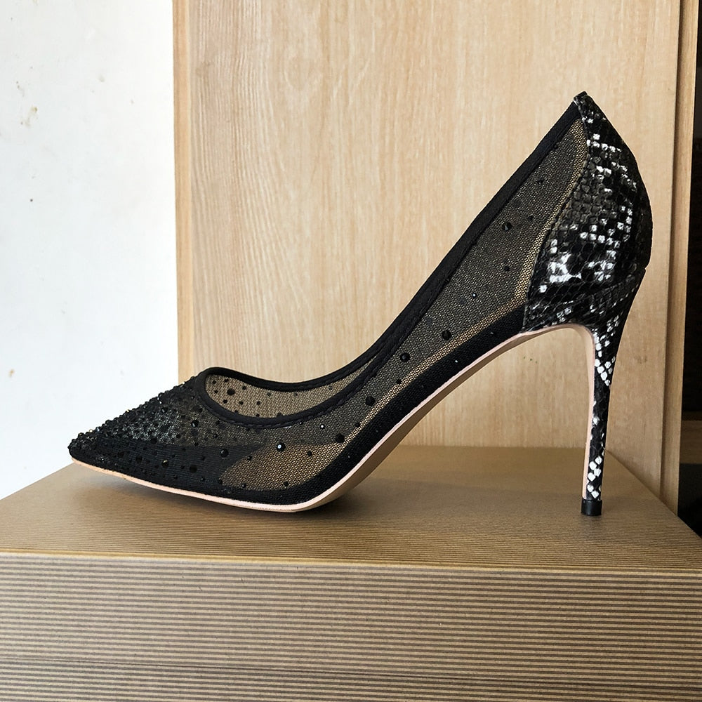 Luxury mesh pumps with snake skin and rhinestone detail
