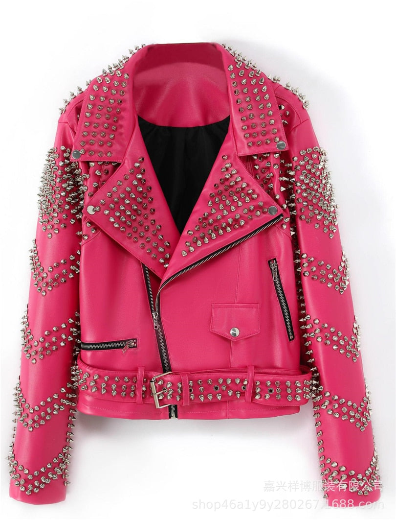 Fashion spike hot pink faux leather jacket