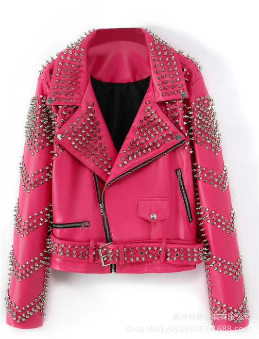 Modische Spike-Pink-Lederjacke aus Kunstleder