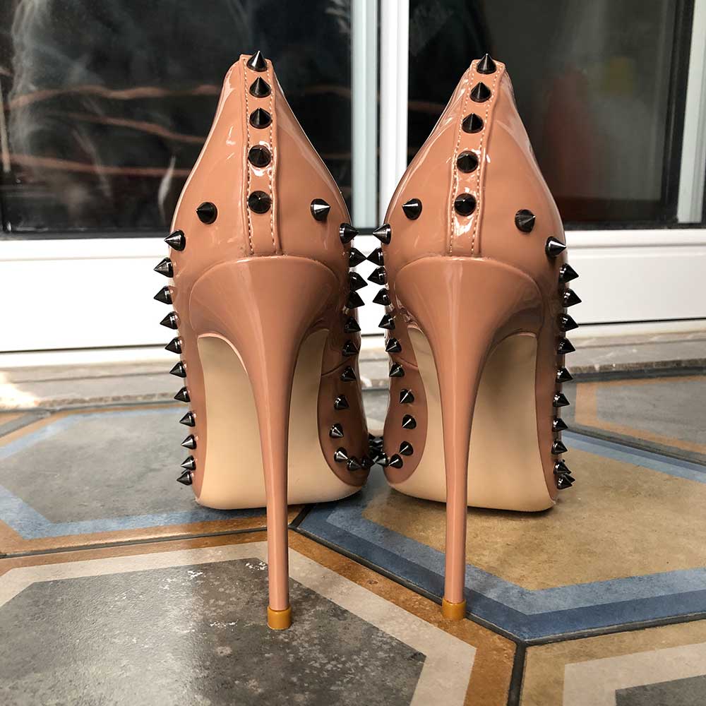 Luxury nude patent pumps with studs and bow detail