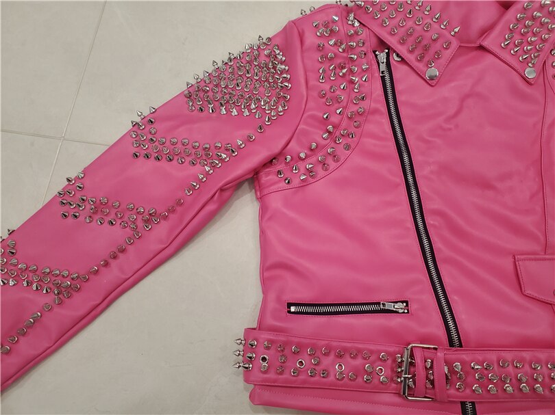 Fashion spike hot pink faux leather jacket