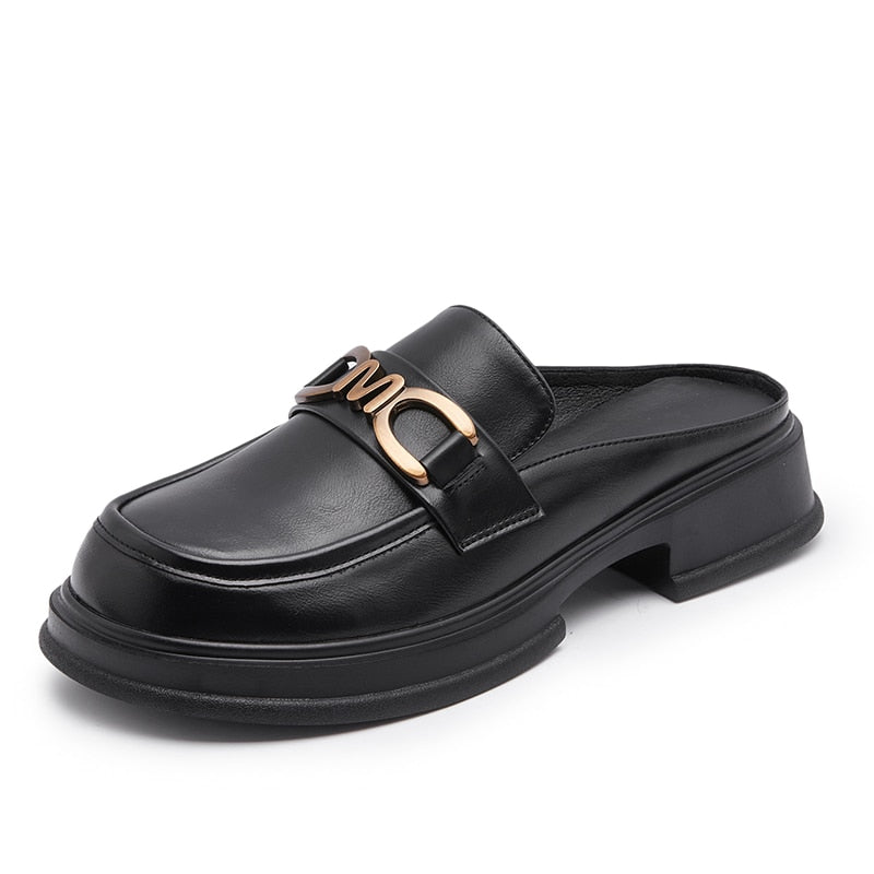 Genuine leather mules with buckle
