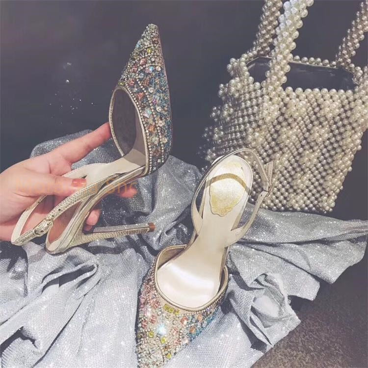 Crystal embroidery toe covered sling back sandals