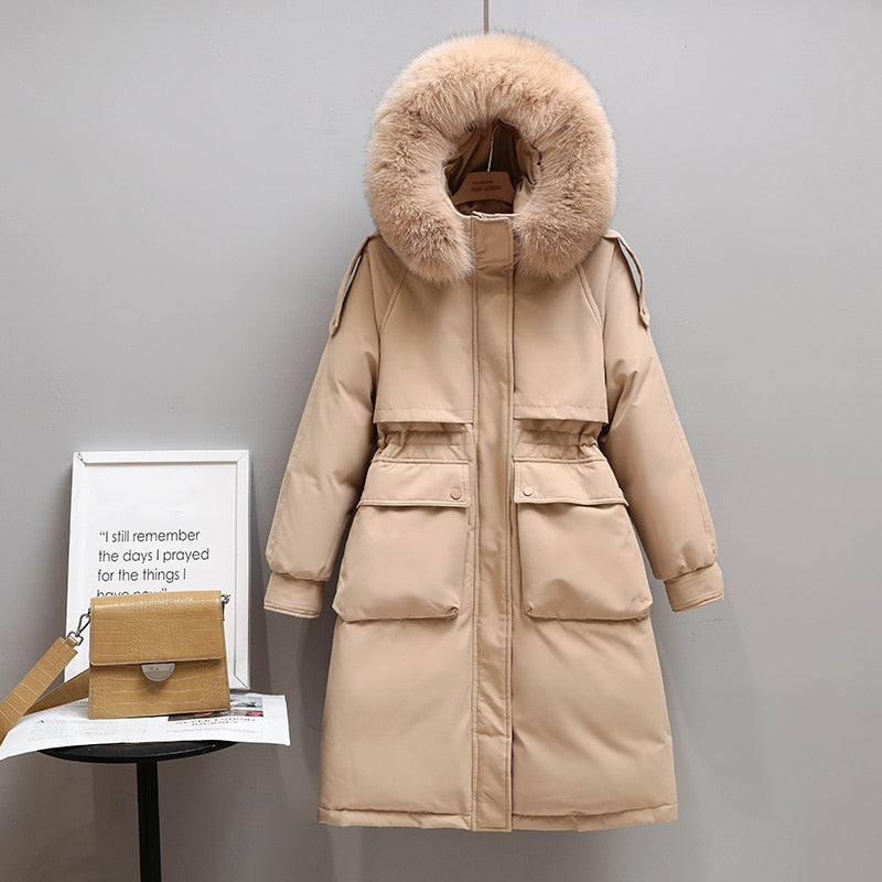 Fashion faux fur winter long jacket with detachable hoodie