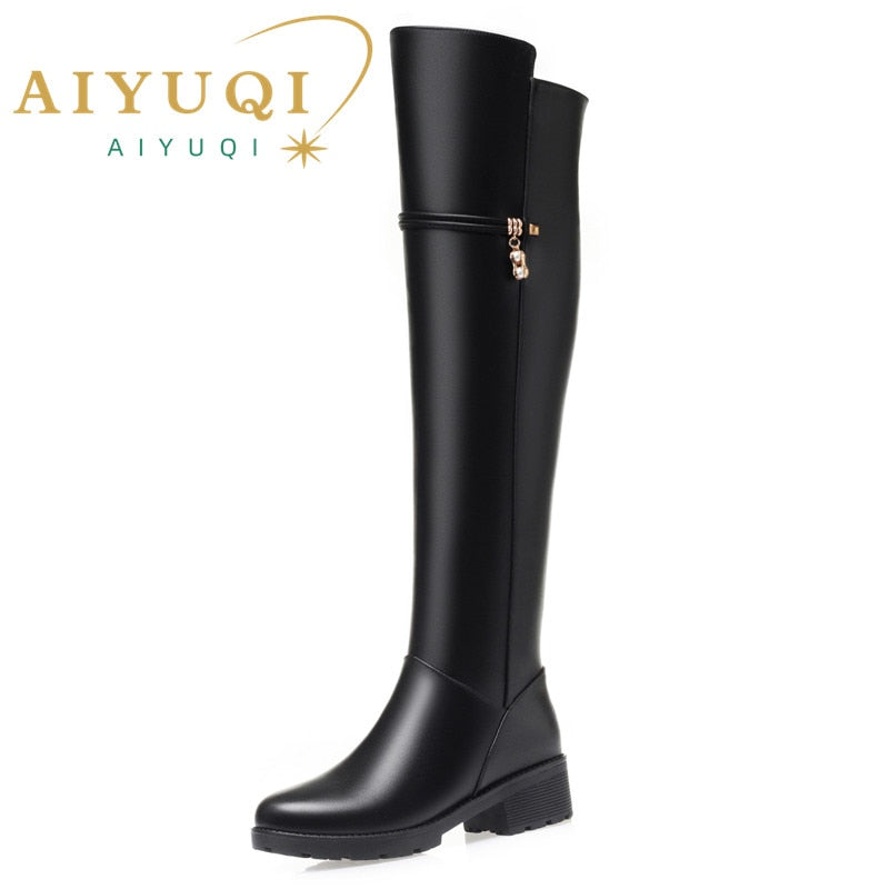 Genuine leather warm over the knee boots