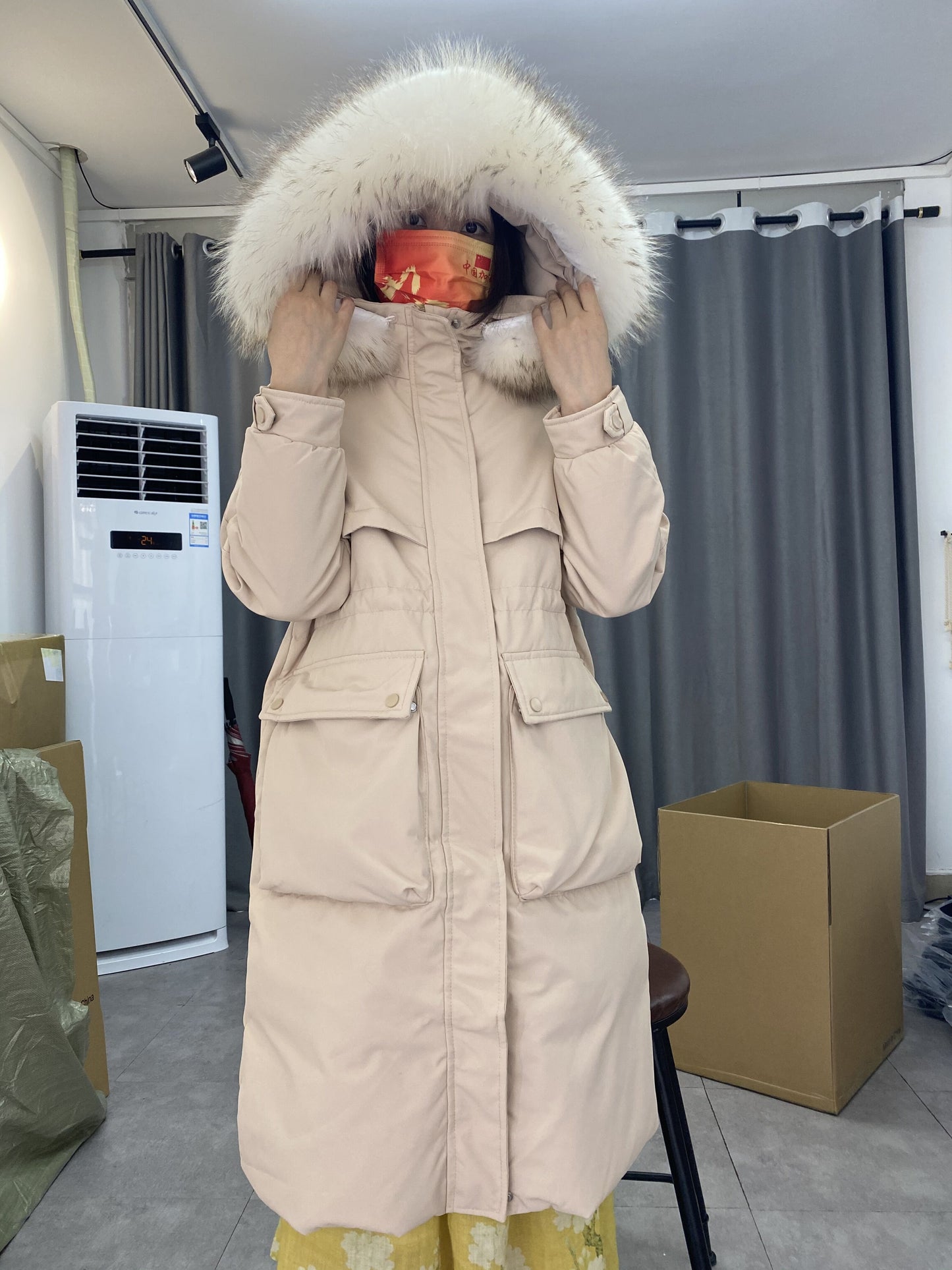 Fashion faux fur winter long jacket with detachable hoodie